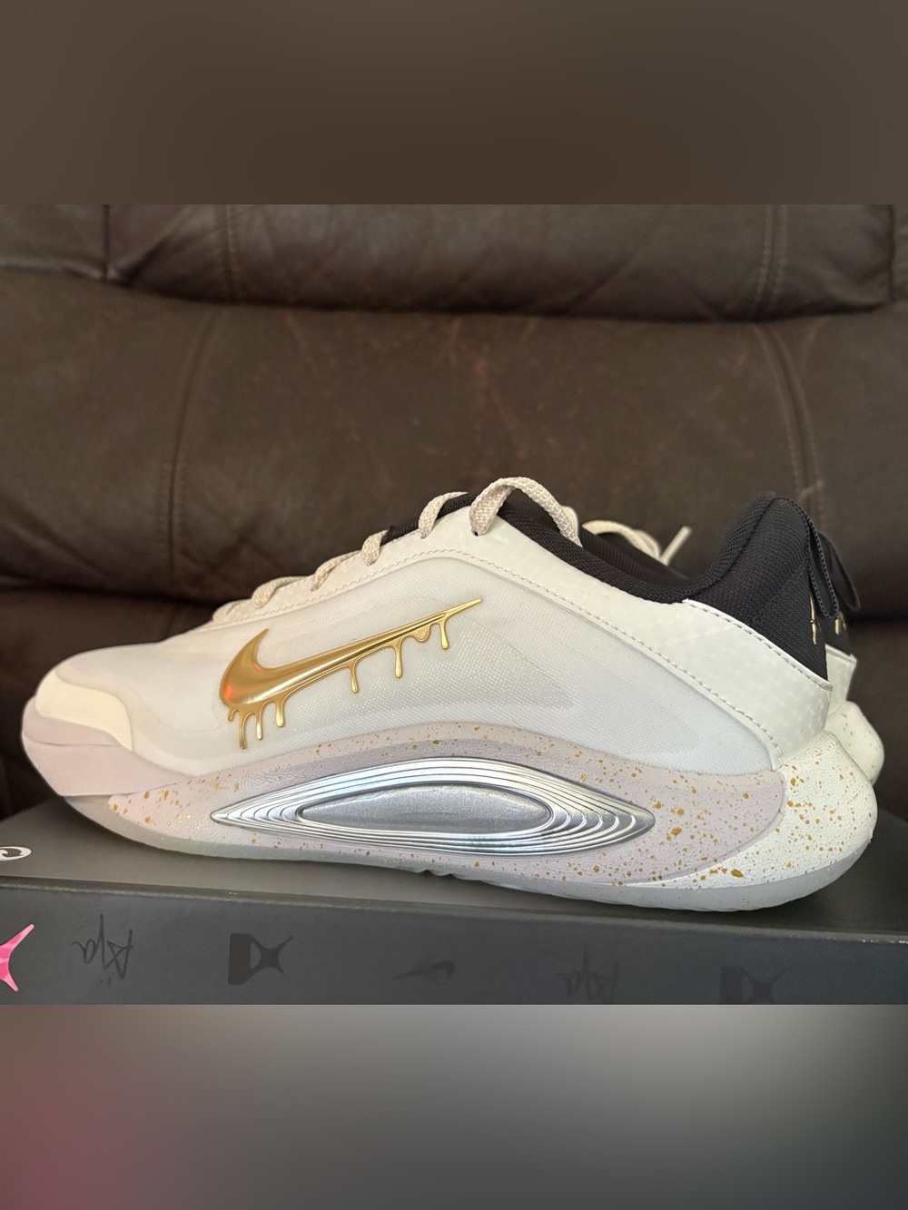 Nike White Shoe with Gold Drip Swoosh A’one kc brand new no box lid